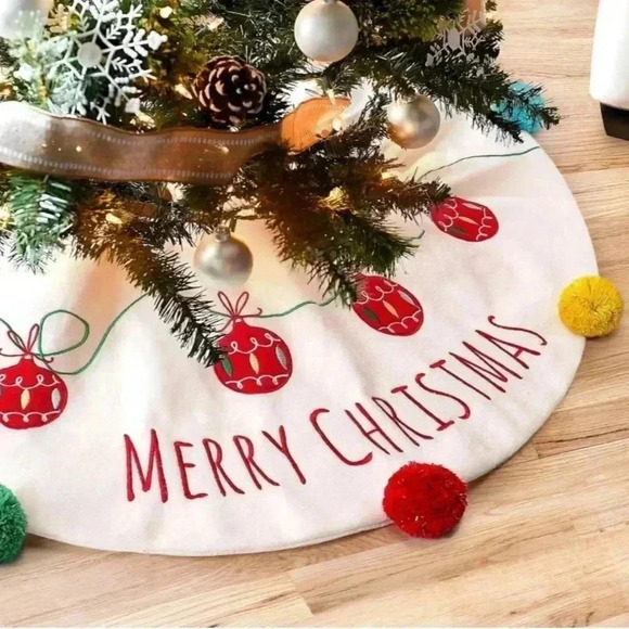 Cream White 32 Inches Christmas Tree Skirt Embroidery Colorful Bright Pompom - Picture 1 of 8